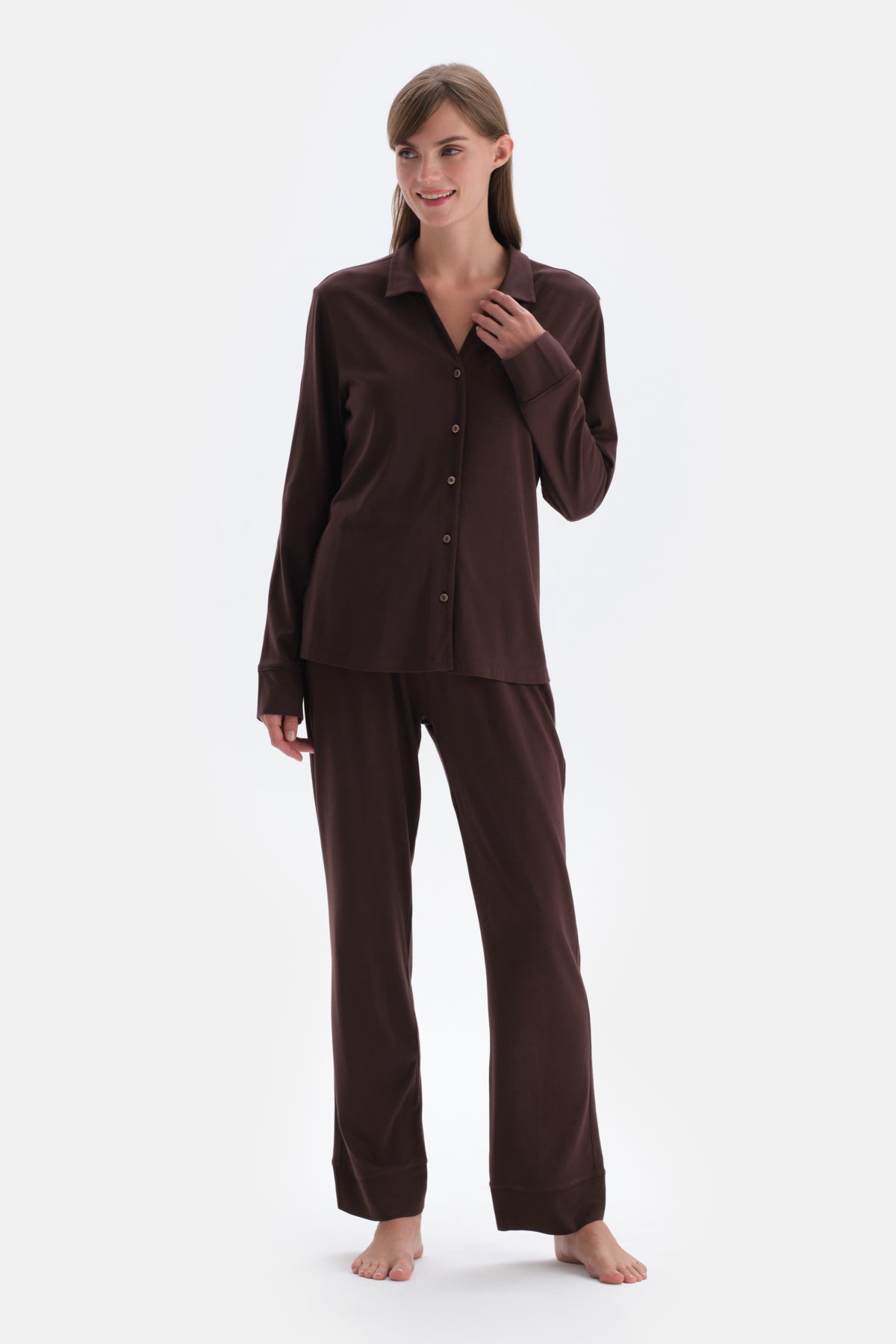 Dark Brown SATIN LEG DETAILED SHIRT PANTS PAJAMAS SUIT