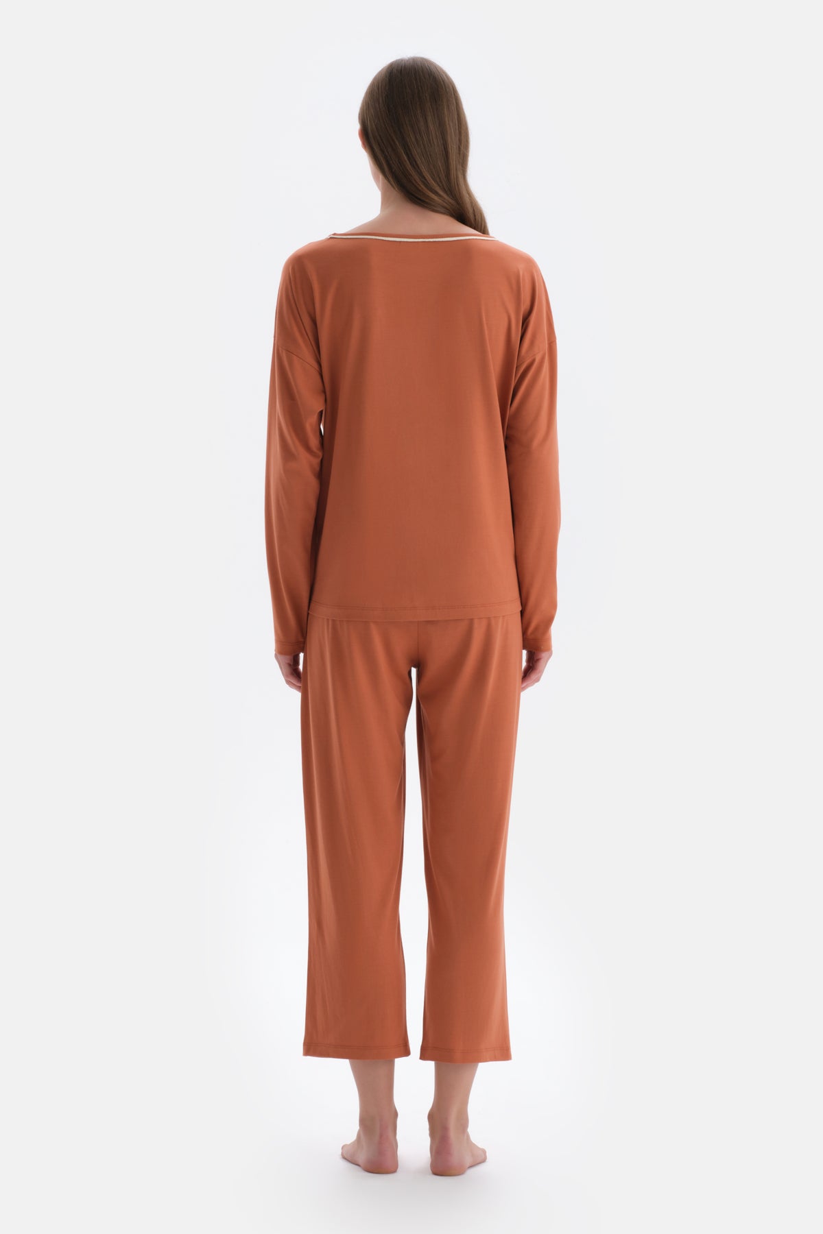 Kiremit Kayık Yaka Uzun Kollu Tişört Pantolon Pijama Takımı