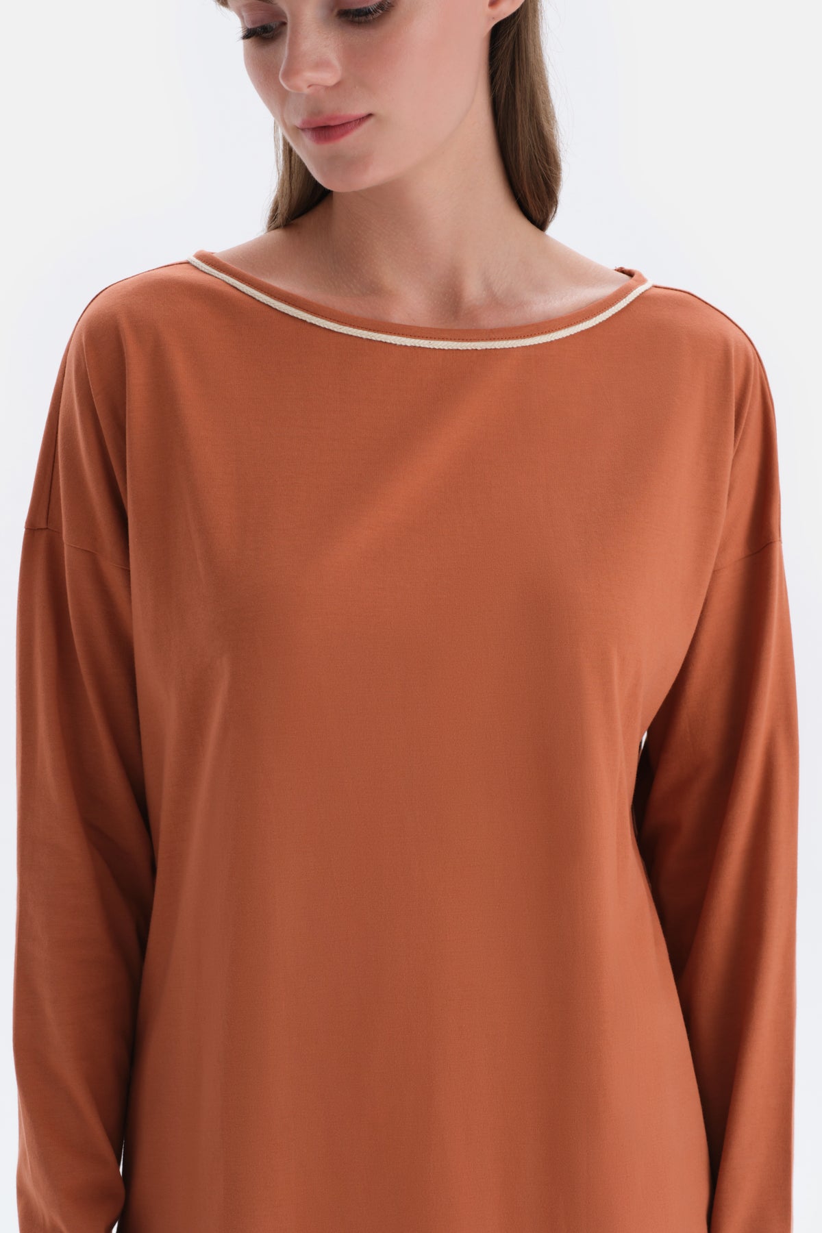 Kiremit Kayık Yaka Uzun Kollu Tişört Pantolon Pijama Takımı