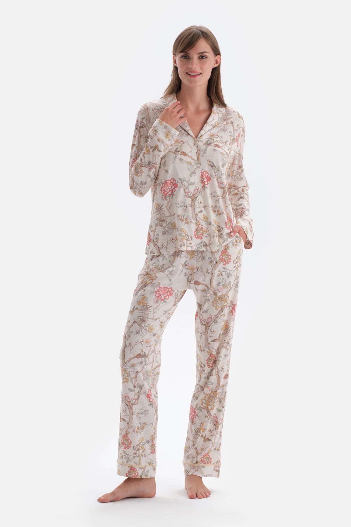 Ecru SIZE PRINTED SHIRT PANTS PAJAMAS SUIT