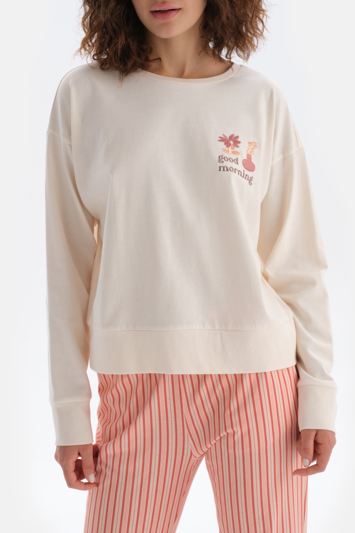 Ecru EMBROIDERY DETAILED LONG SLEEVE PAJAMAS SUIT