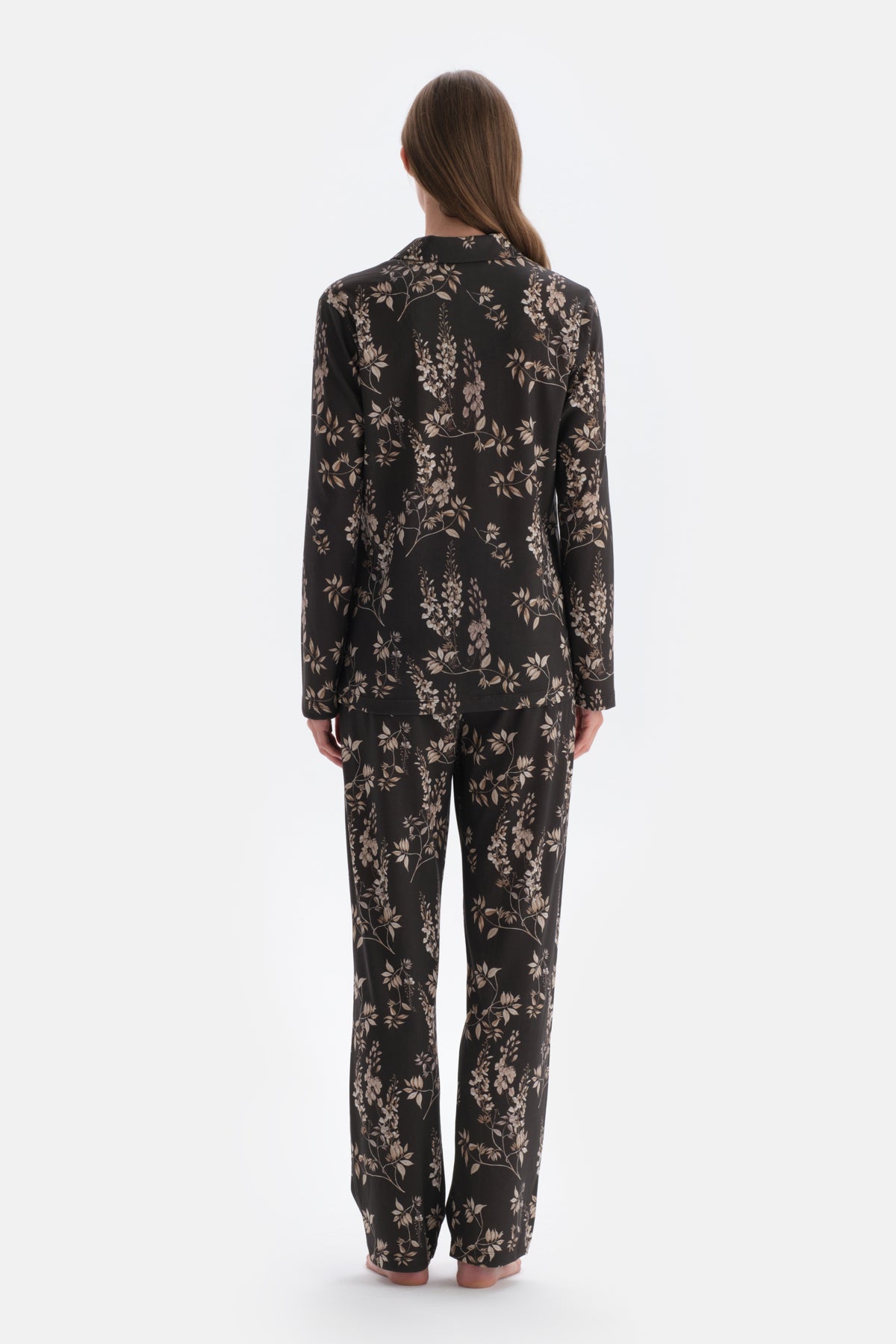 Koyu Kahve Metraj Baskılı Gömlek Pantolon Pijama Takımı