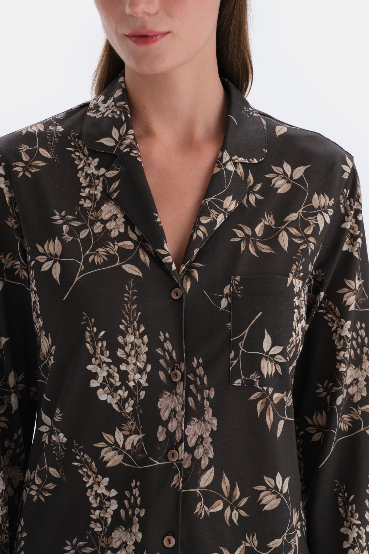 Koyu Kahve Metraj Baskılı Gömlek Pantolon Pijama Takımı