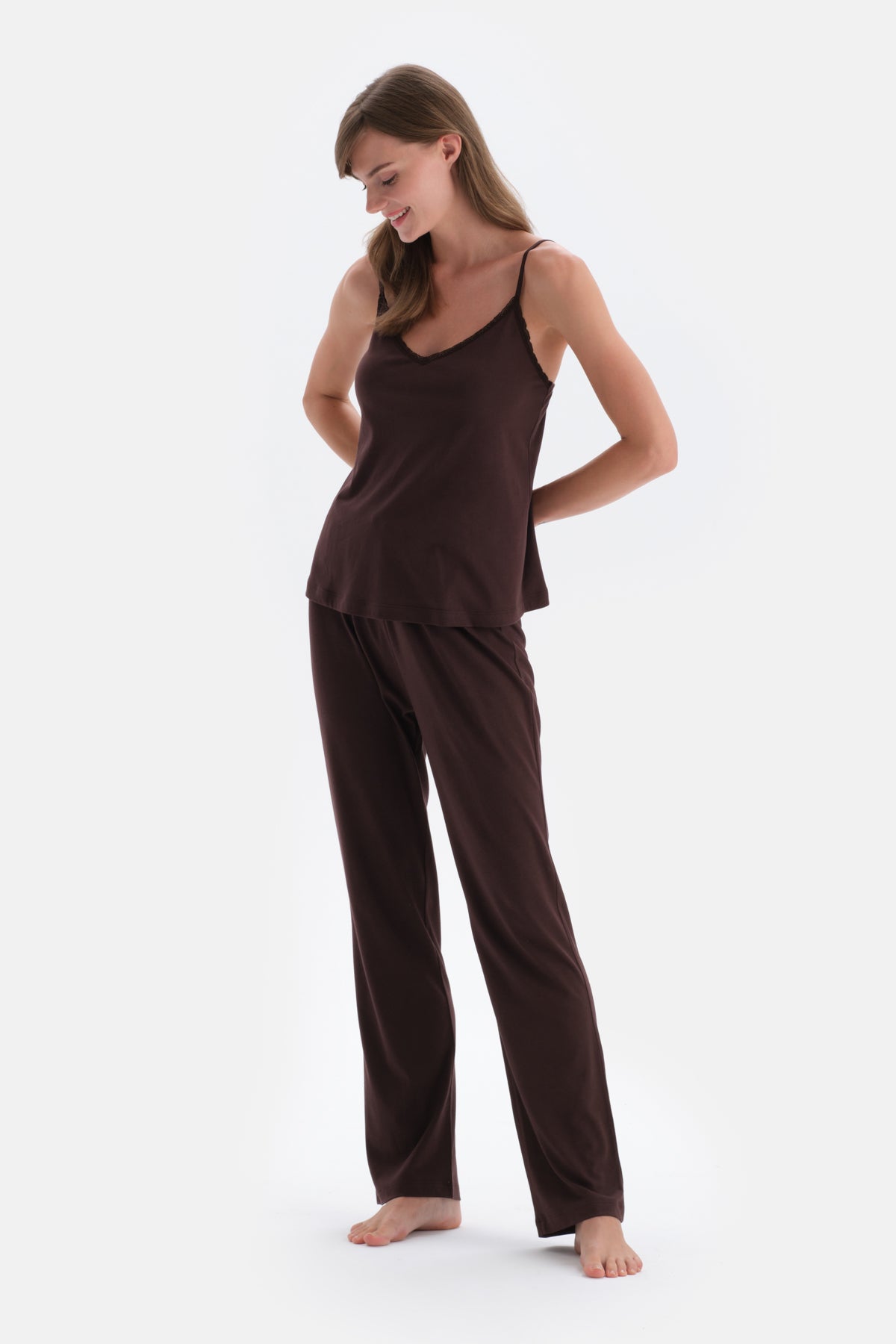 Dark Brown LACE DETAILED ATHLETTE PANTS PAJAMAS SUIT