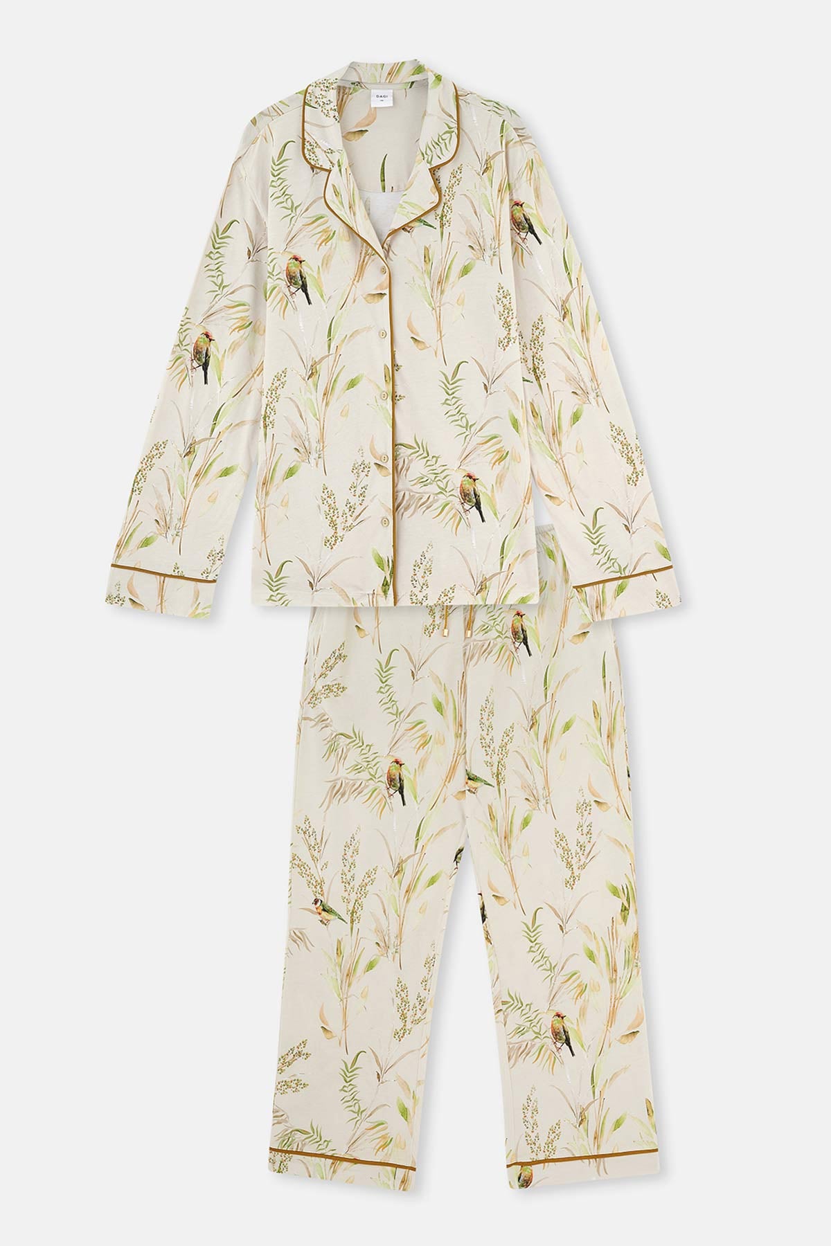 Ekru Metraj Baskılı Paça Bant Detaylı Plus Size Pijama Takımı