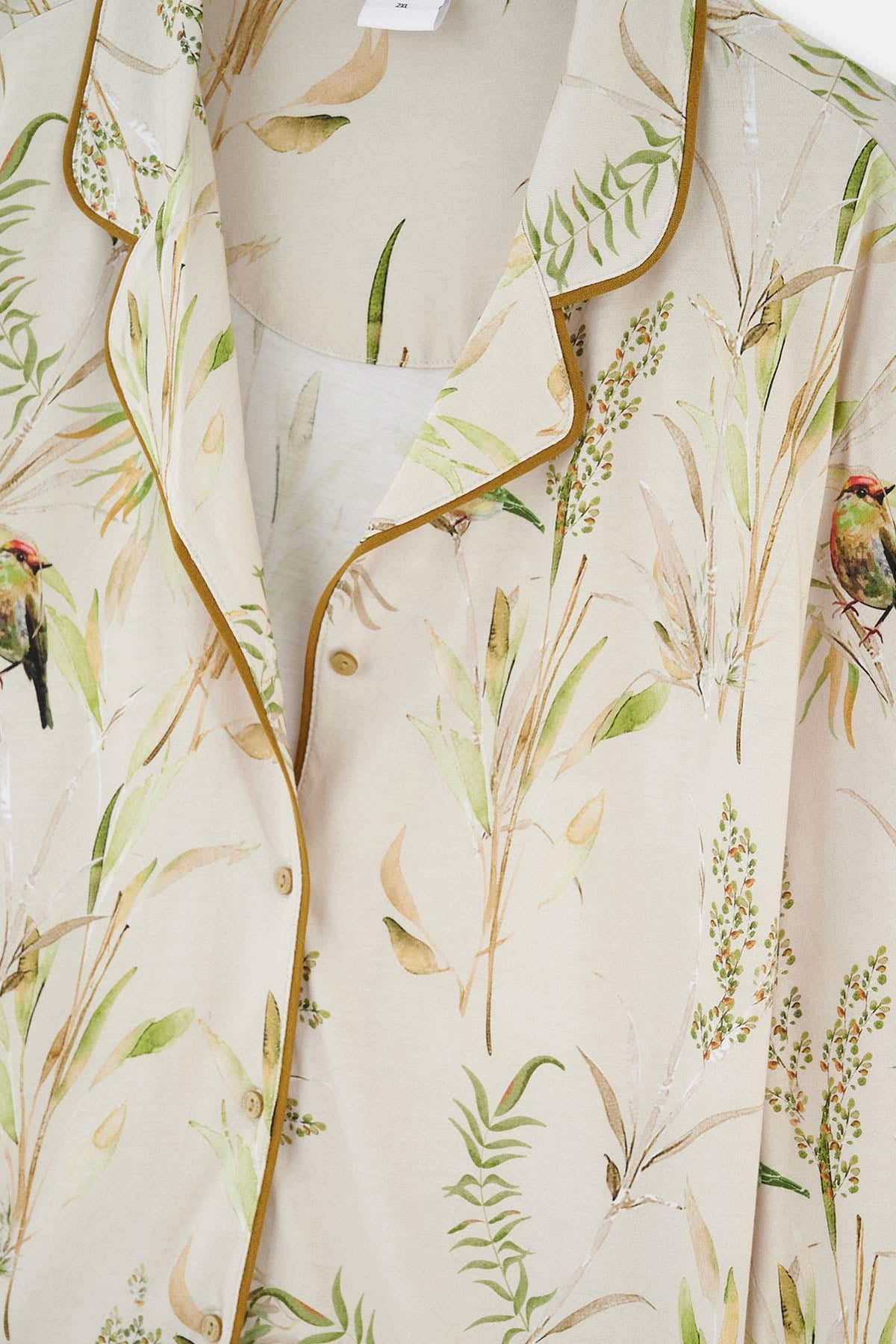 Ekru Metraj Baskılı Paça Bant Detaylı Plus Size Pijama Takımı