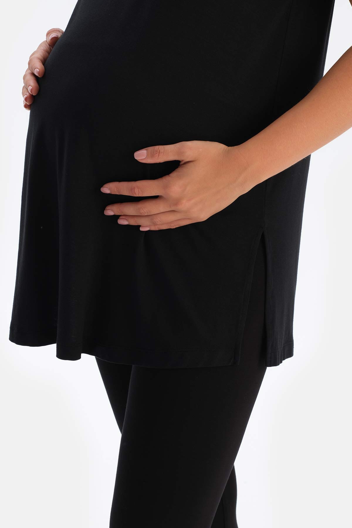 Siyah Viskon Bisiklet Yaka Hamile Tişört