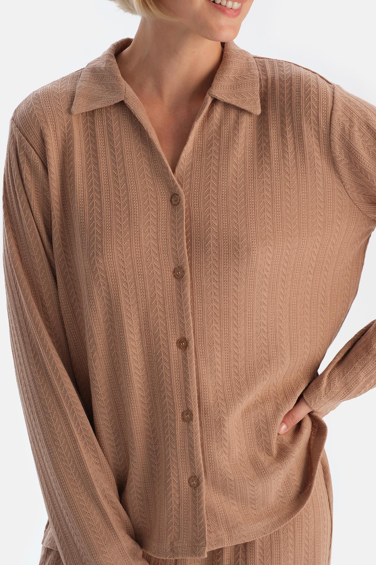Beige KNITTING DETAIL SHIRT