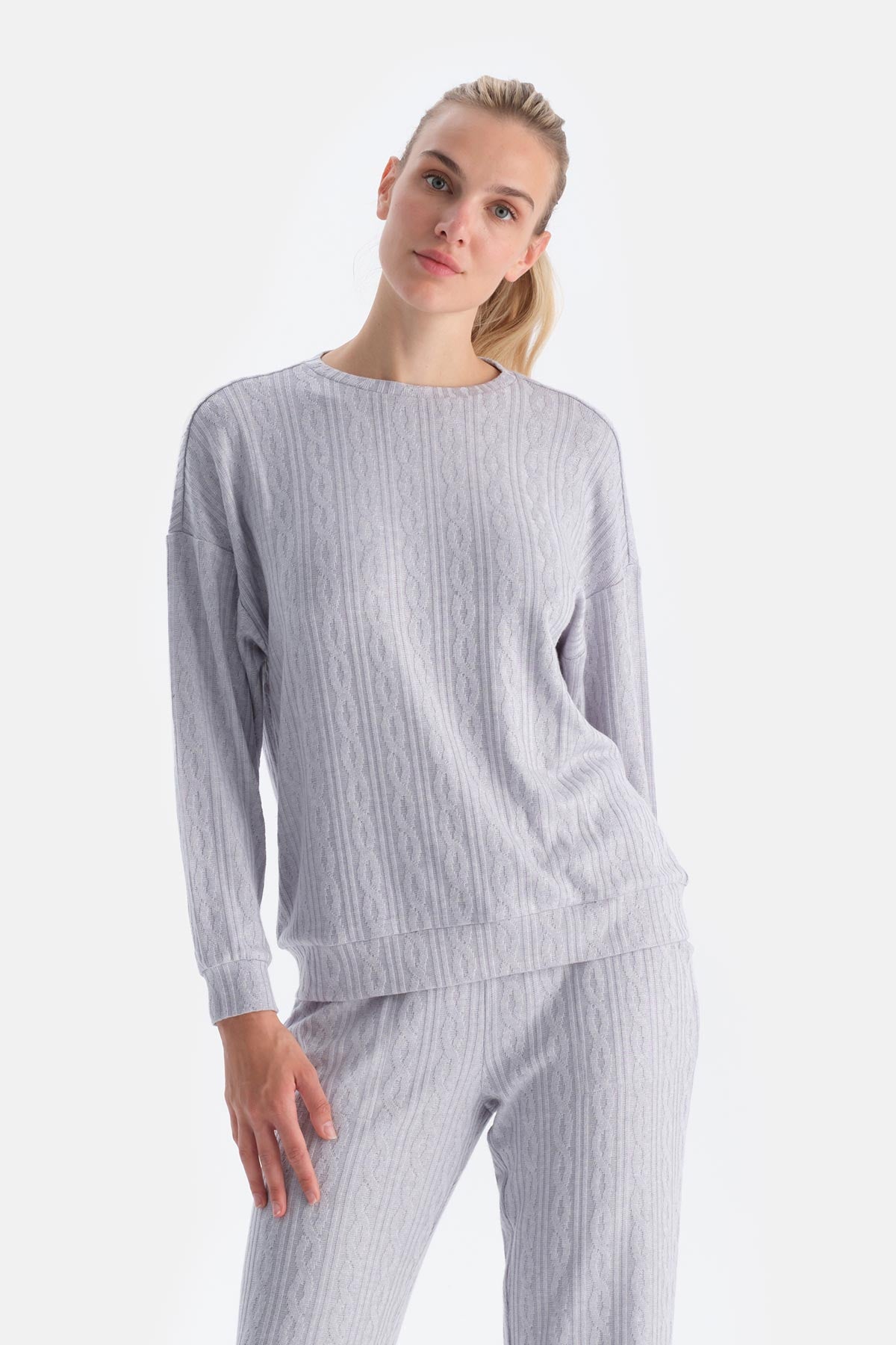 Grey KNITTING DETAIL CREW NECK SWEATSHIRT