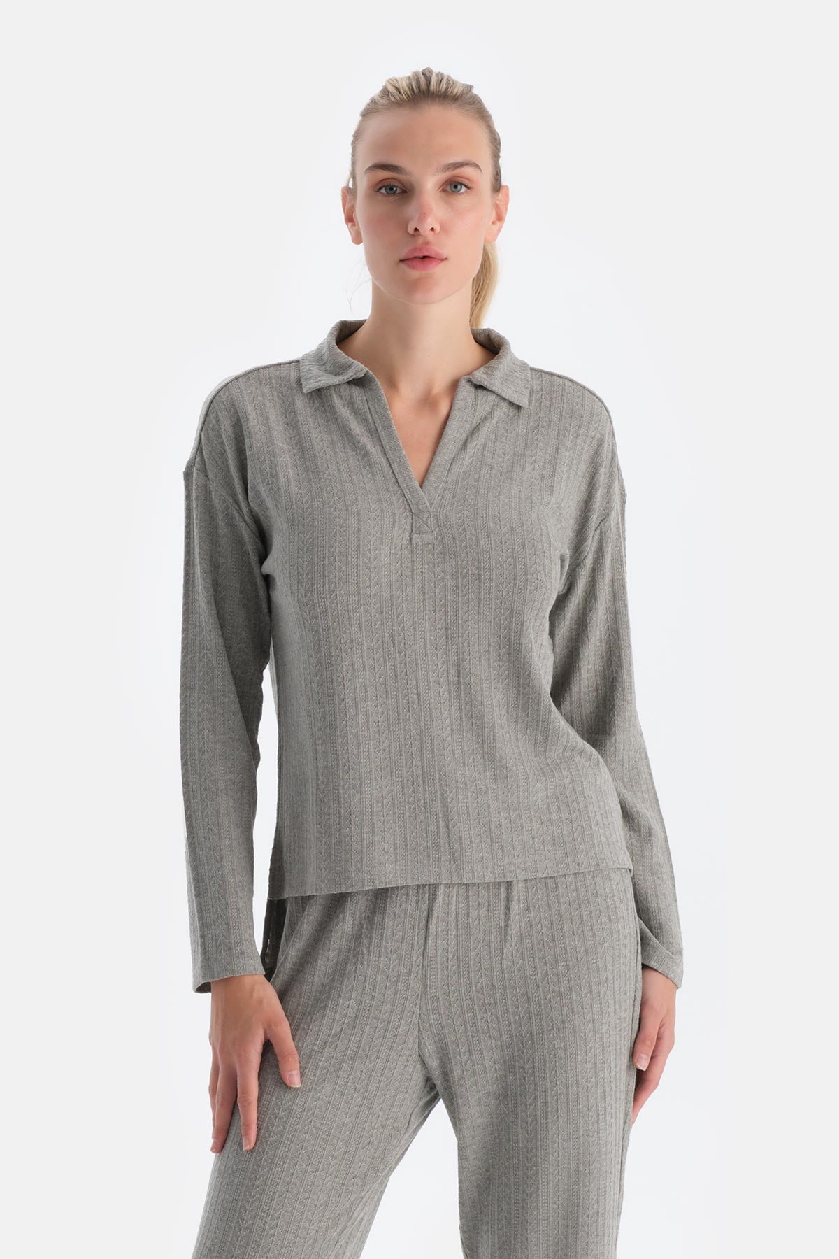 Grey Melange KNITTING DETAIL POLO NECK T-SHIRT