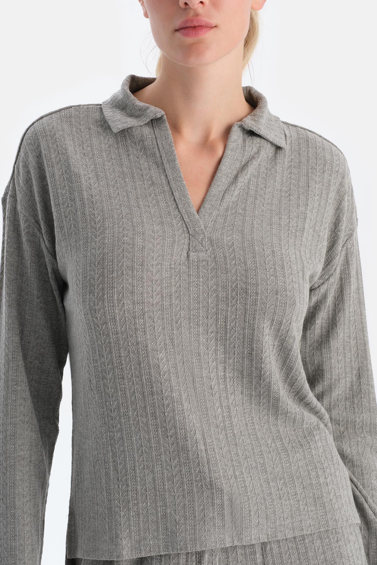 Grey Melange KNITTING DETAIL POLO NECK T-SHIRT