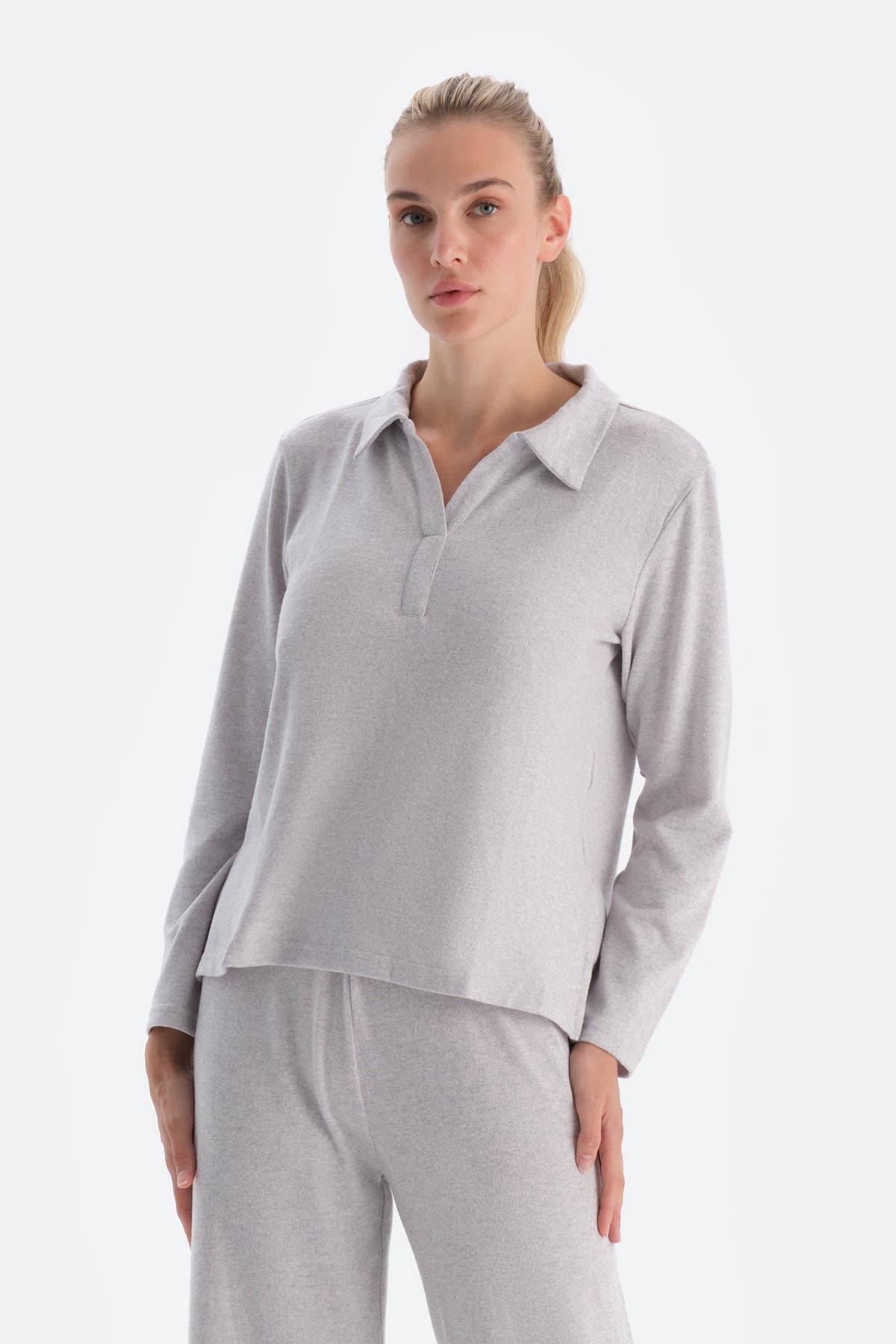 Grey Melange POLO NECK LONG SLEEVE BASIC TOP