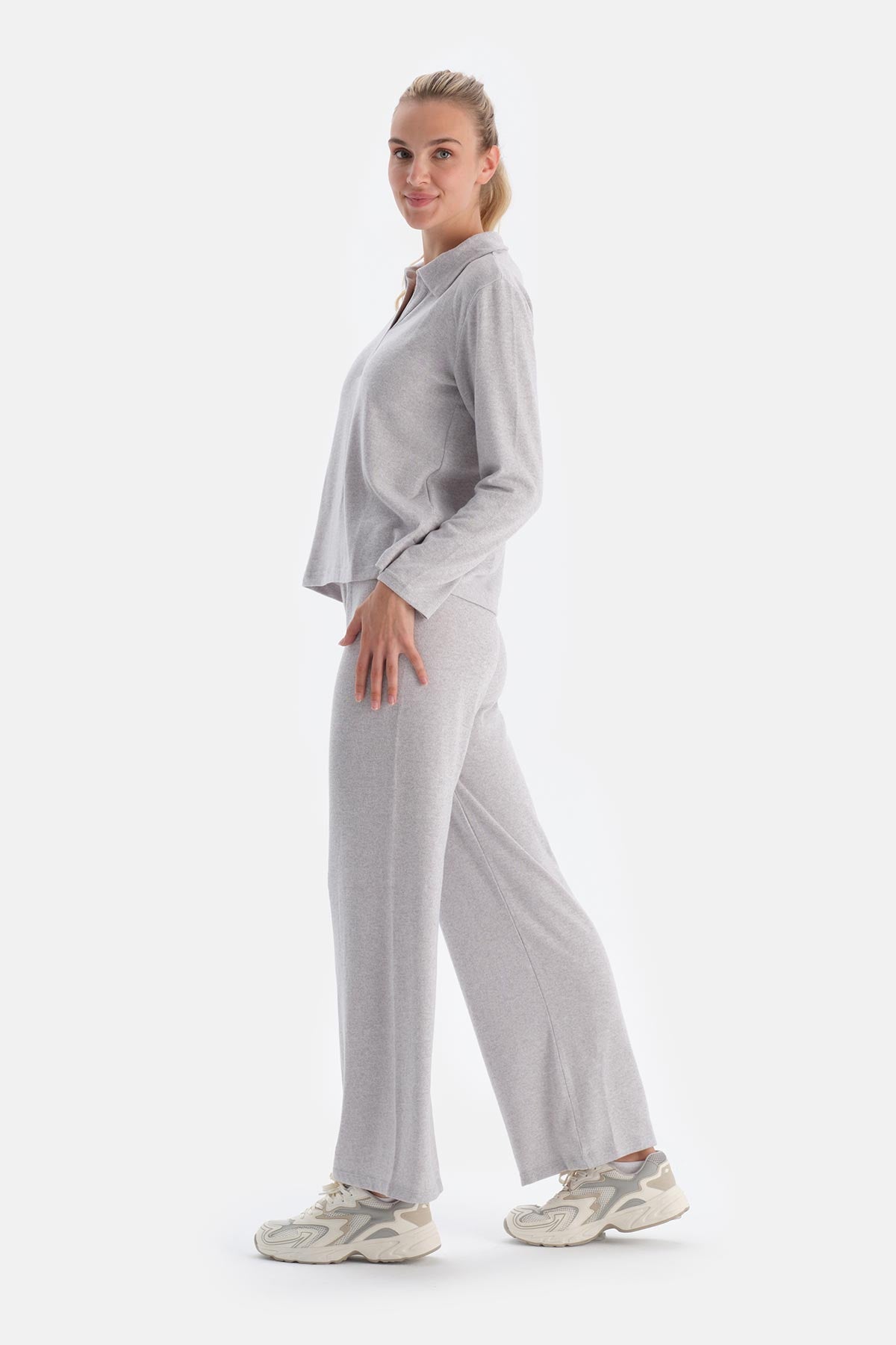 Grey Melange POLO NECK LONG SLEEVE BASIC TOP