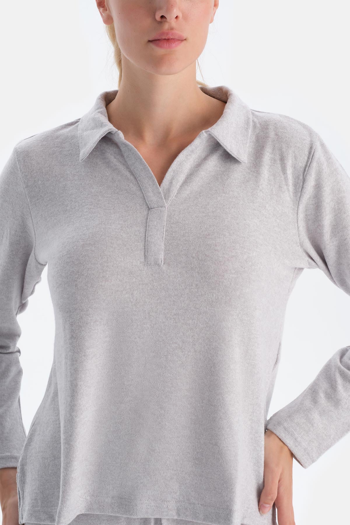 Grey Melange POLO NECK LONG SLEEVE BASIC TOP