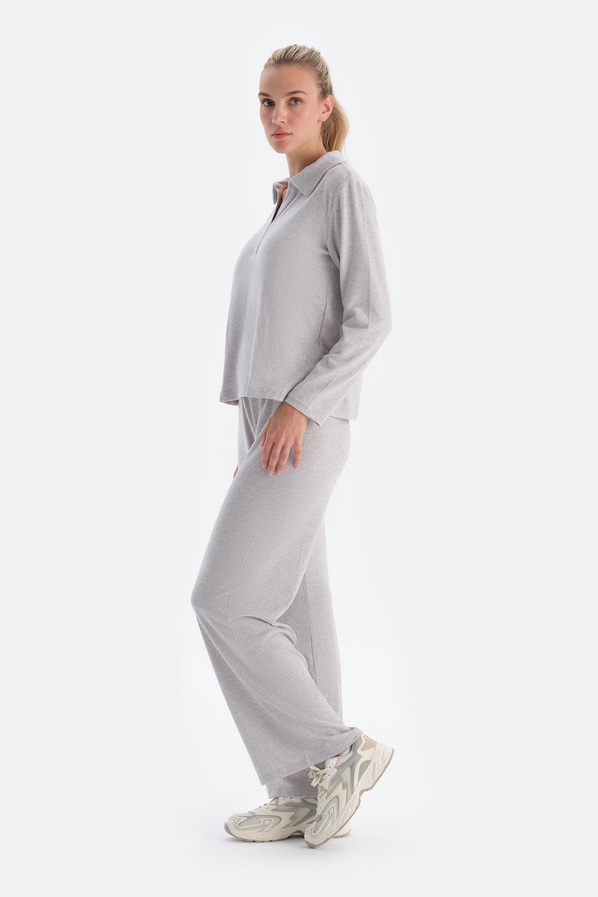 Grey Melange POLO NECK LONG SLEEVE BASIC TOP