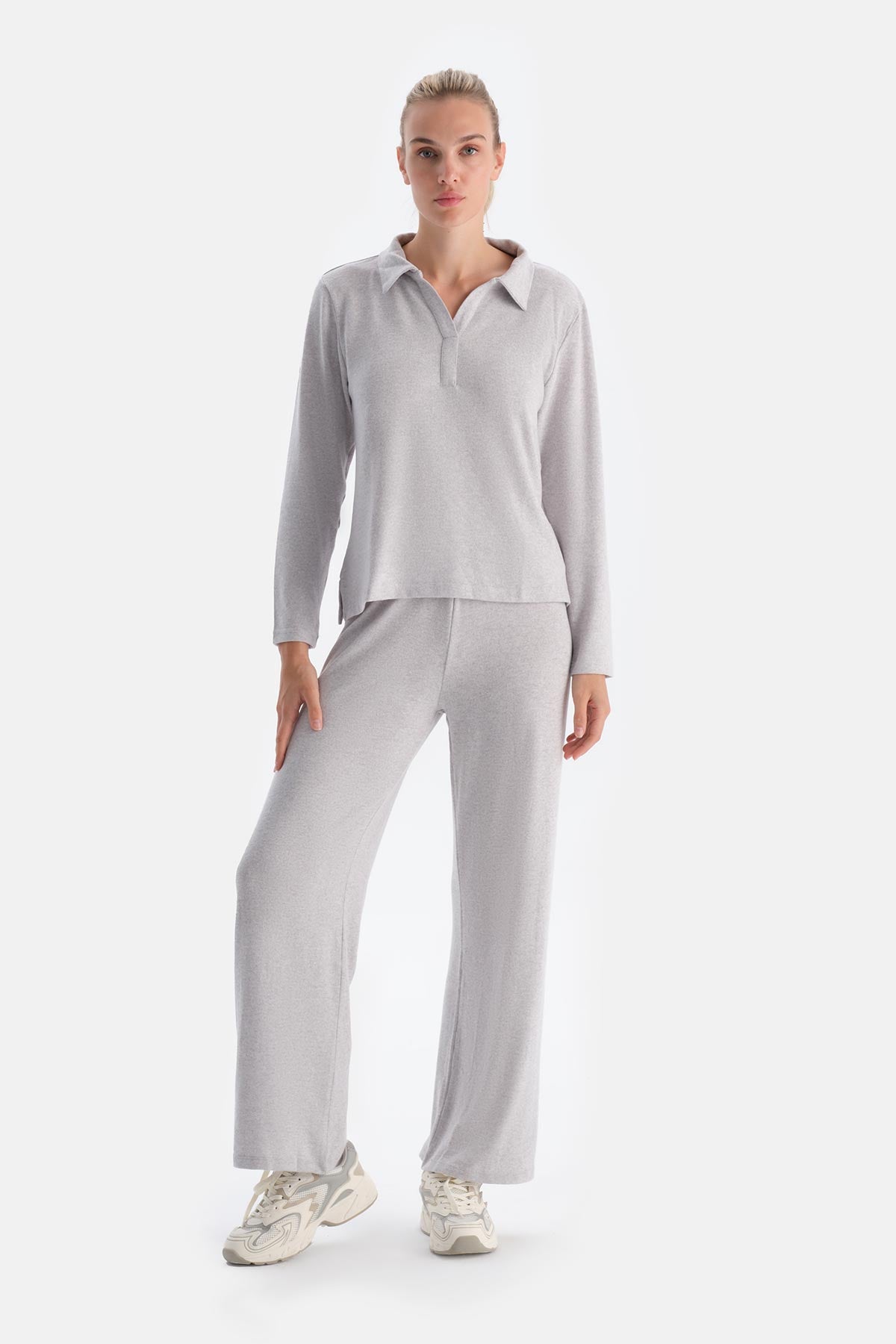 Grey Melange POLO NECK LONG SLEEVE BASIC TOP