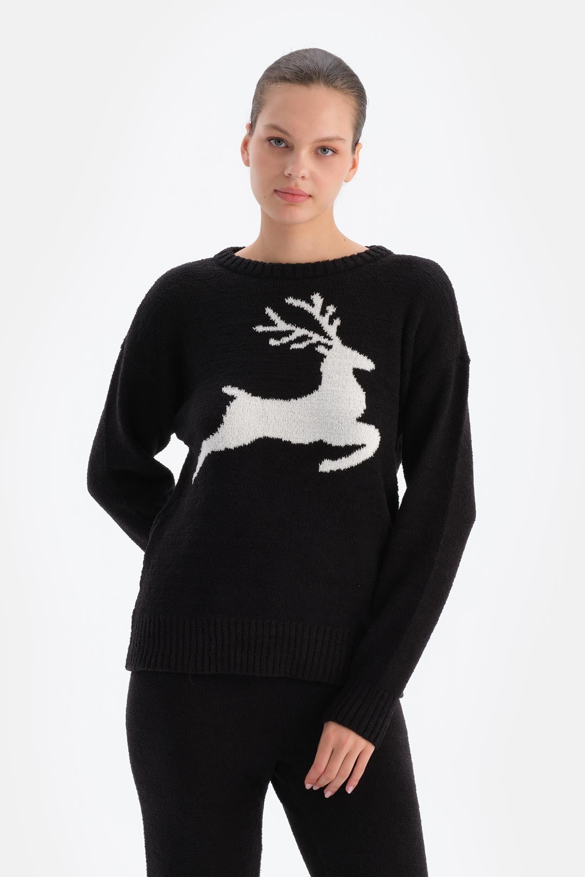 Siyah Geyik Baskılı Polar Sweatshırt