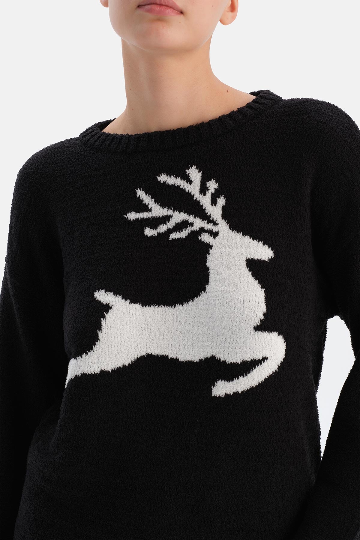 Siyah Geyik Baskılı Polar Sweatshırt