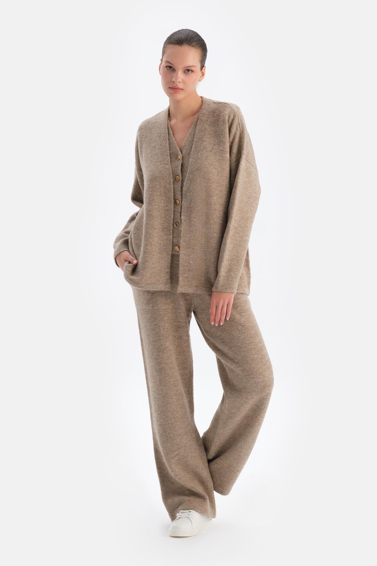 Beige LONG SLEEVE WOOL CARDIGAN