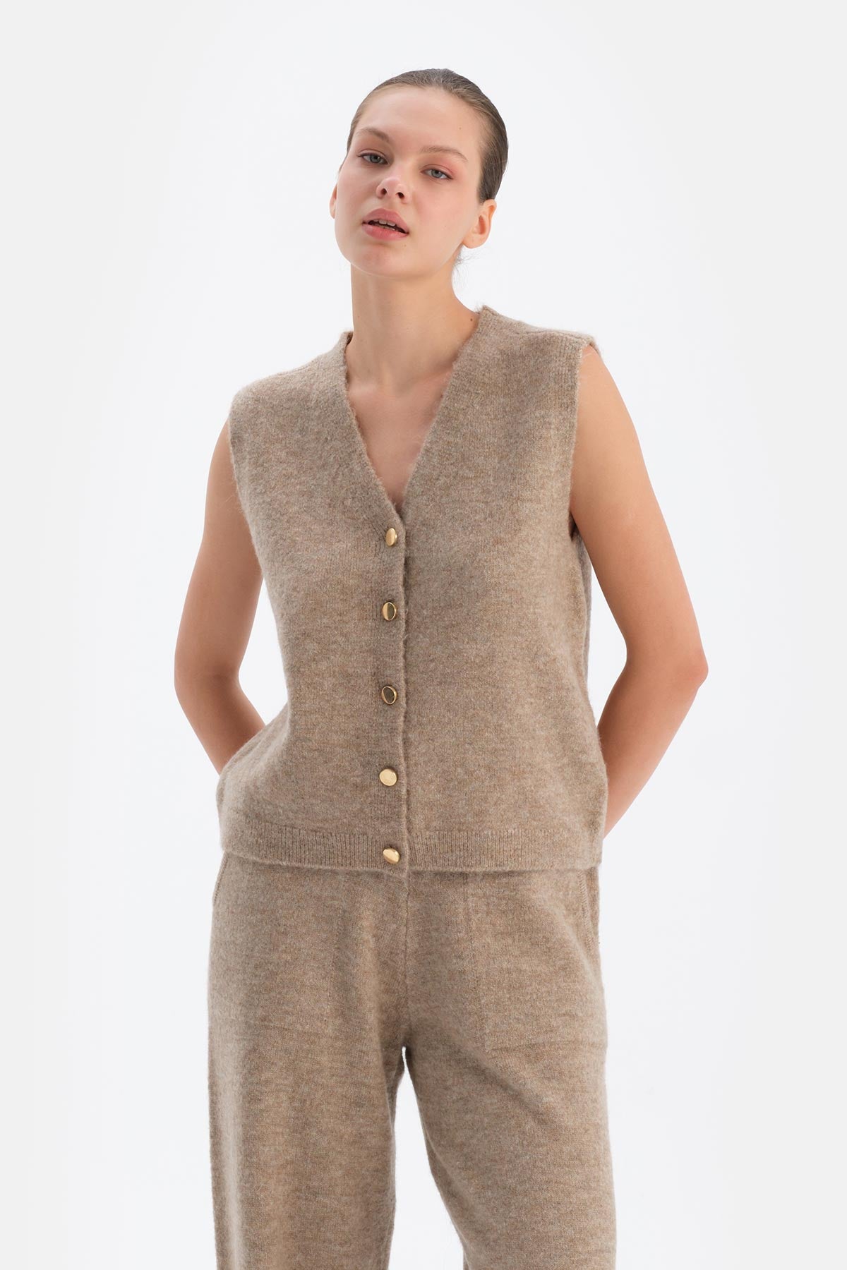 Beige V-NECK BUTTONED WOOL VEST