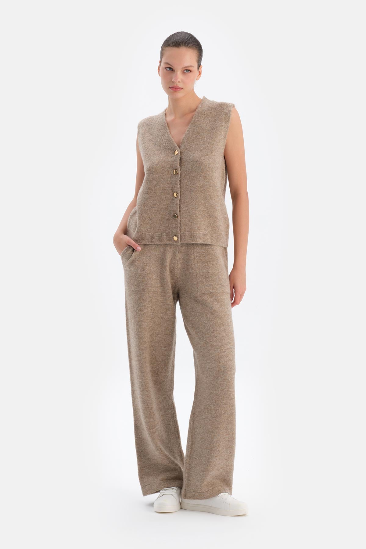 Beige V-NECK BUTTONED WOOL VEST