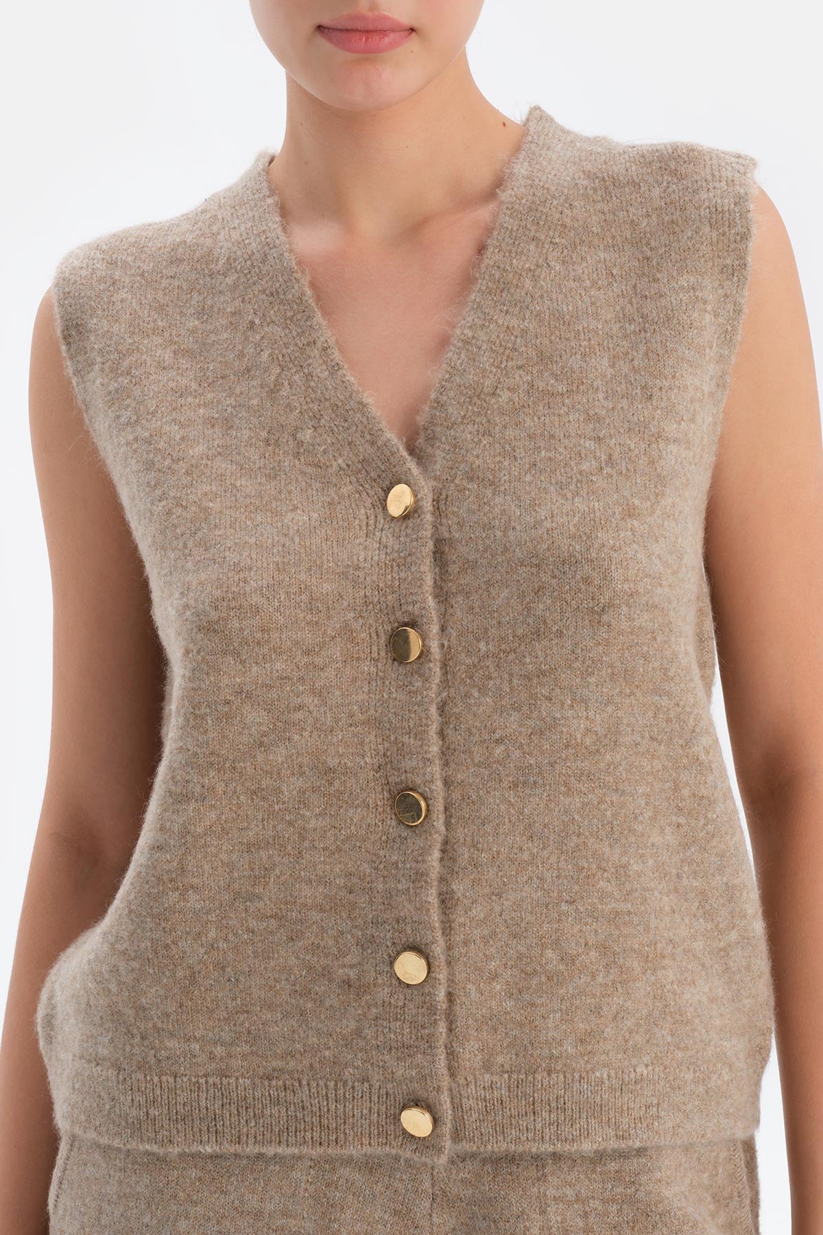 Beige V-NECK BUTTONED WOOL VEST