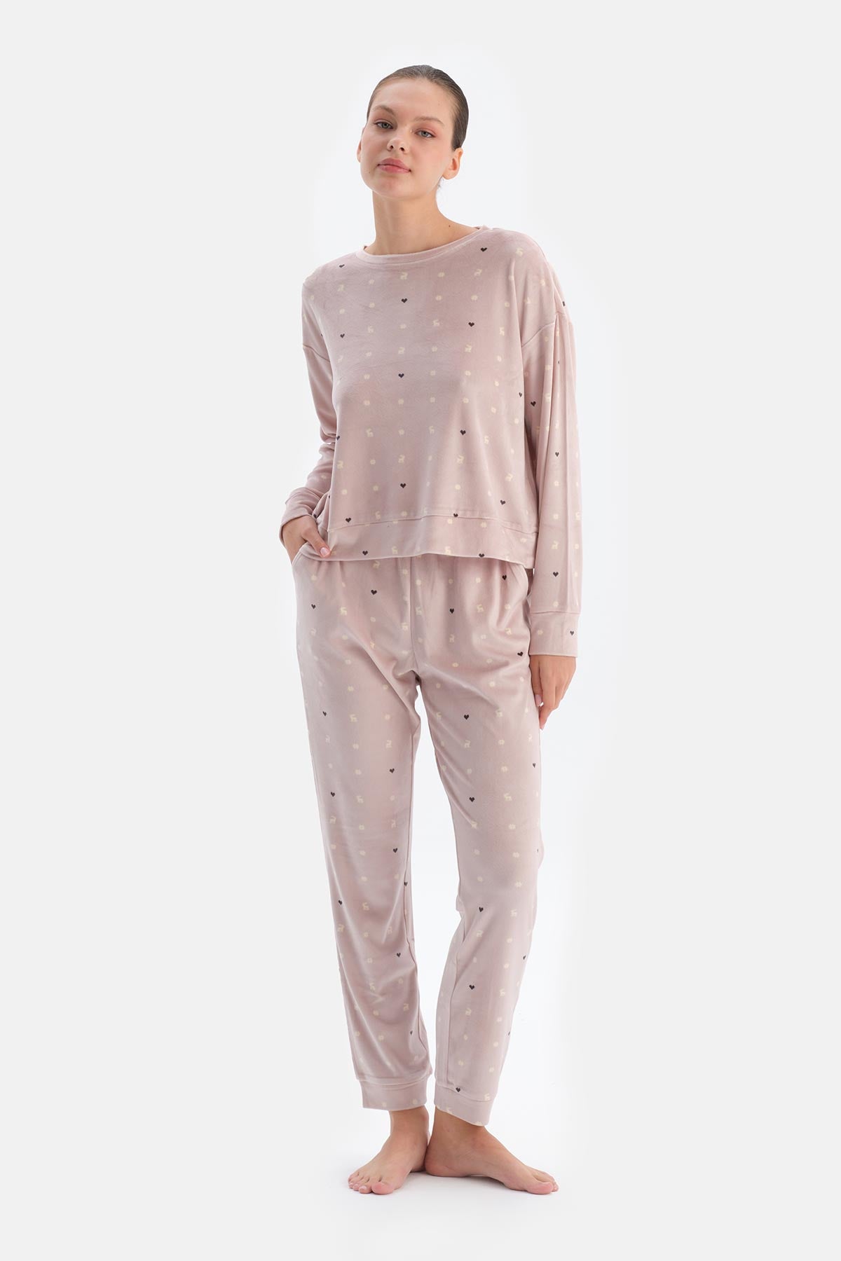 Pudra Mıkroprınt Baskılı Uzun Kollu Kadife Pijama Takımı