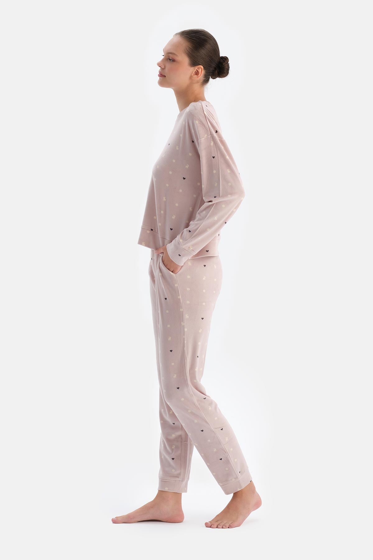 Pudra Mıkroprınt Baskılı Uzun Kollu Kadife Pijama Takımı