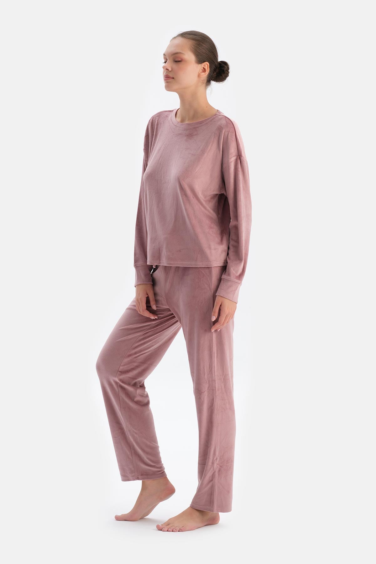 Dusty Rose LONG SLEEVE CREW NECK VELVET PAJAMA SET