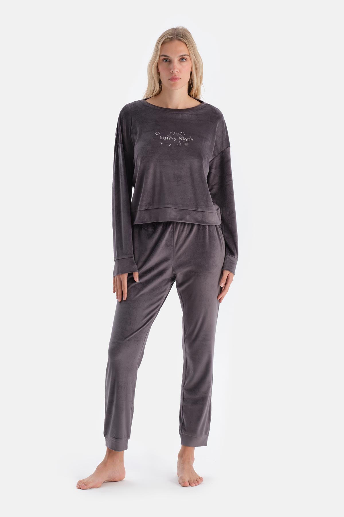 Grey EMBROIDERY DETAILED LONG SLEEVE VELVET PAJAMAS