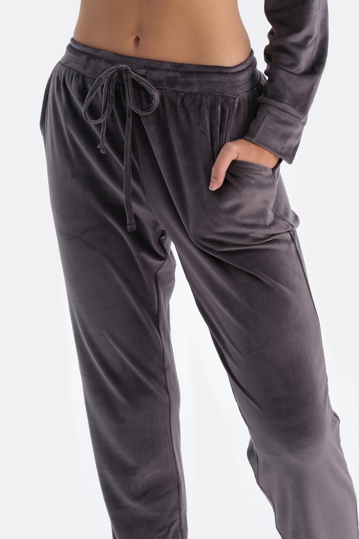 Grey EMBROIDERY DETAILED LONG SLEEVE VELVET PAJAMAS