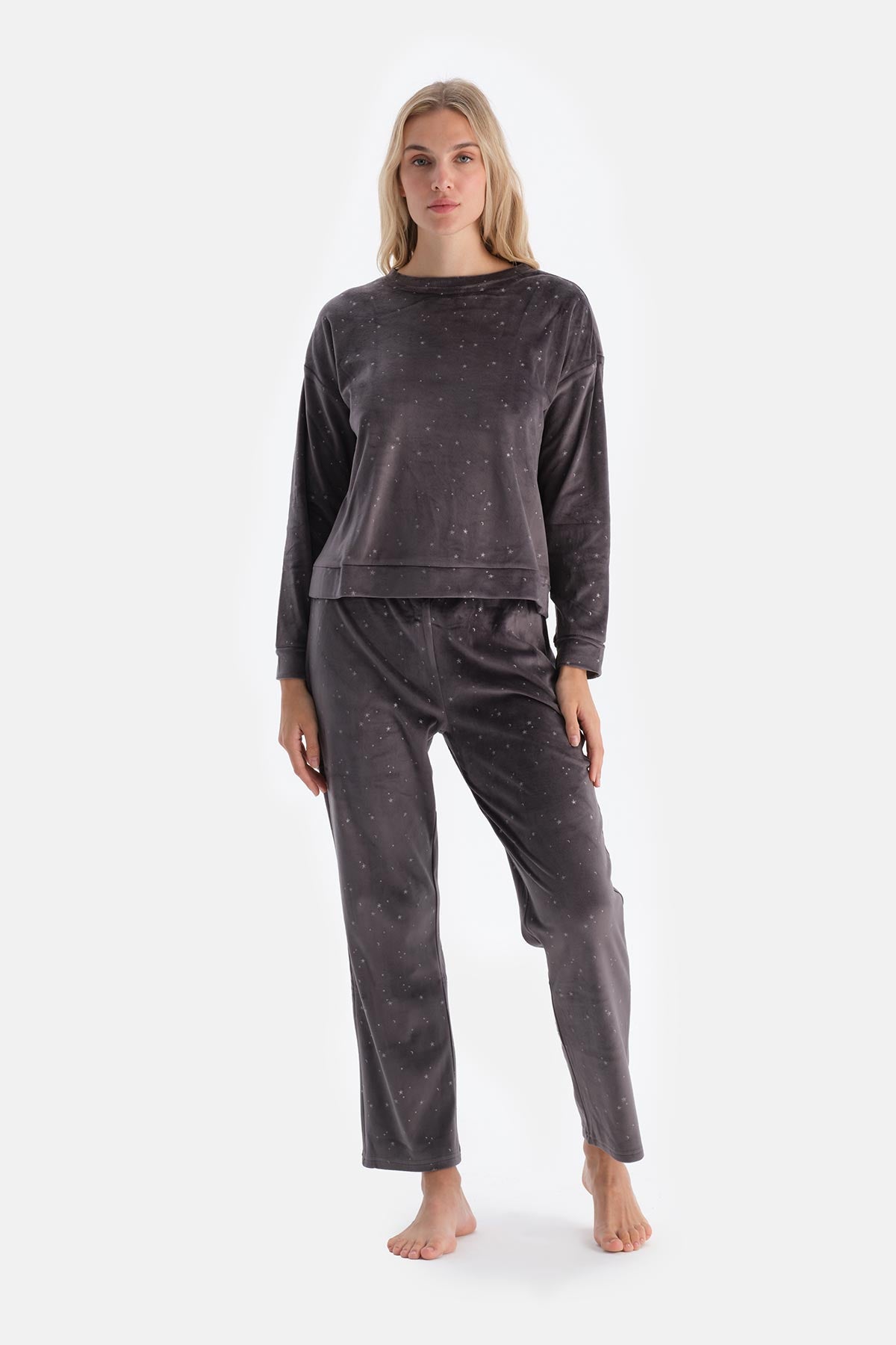 Black BRIGHT STAR PRINTED LONG SLEEVE VELVET PAJAMA SET