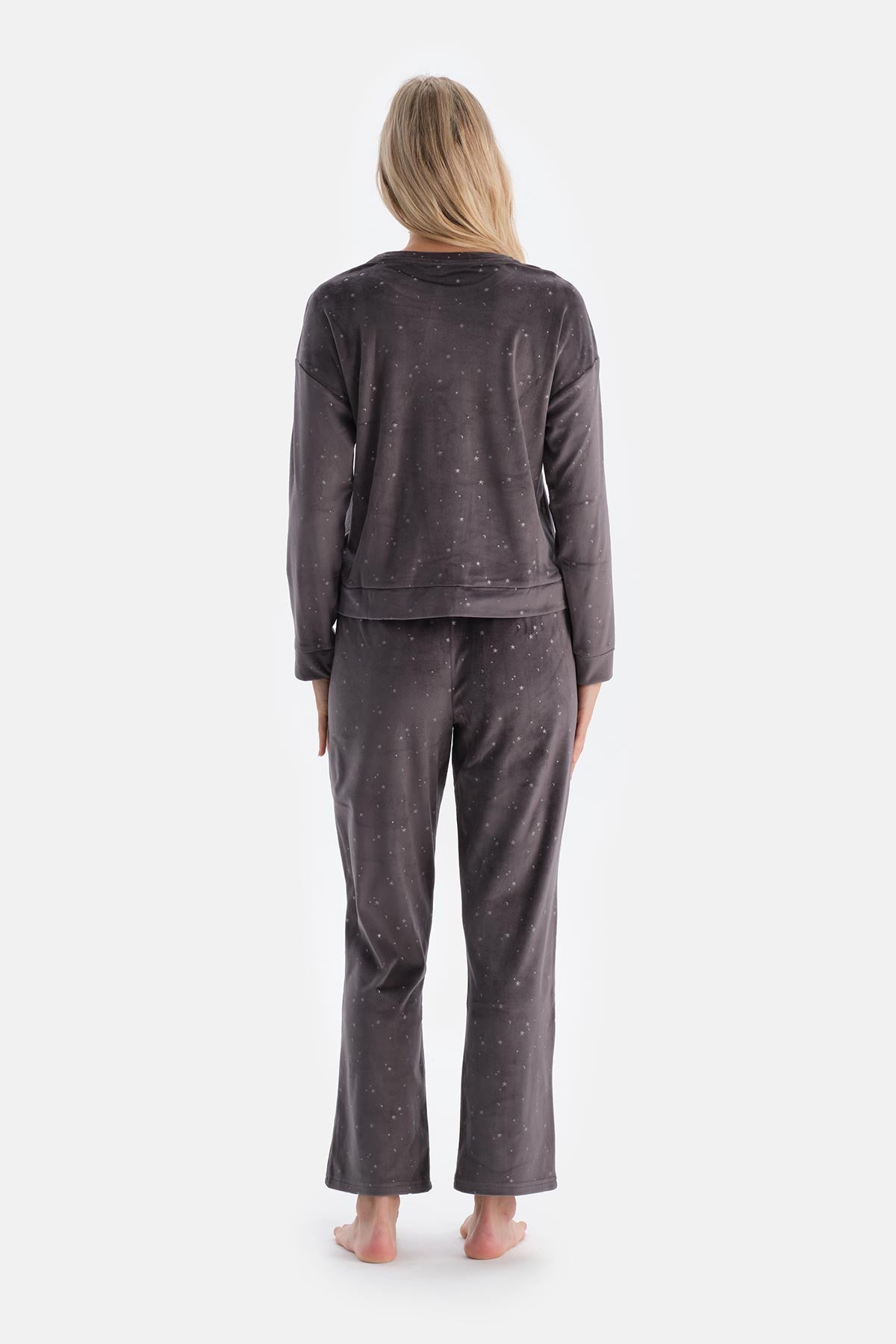 Black BRIGHT STAR PRINTED LONG SLEEVE VELVET PAJAMA SET