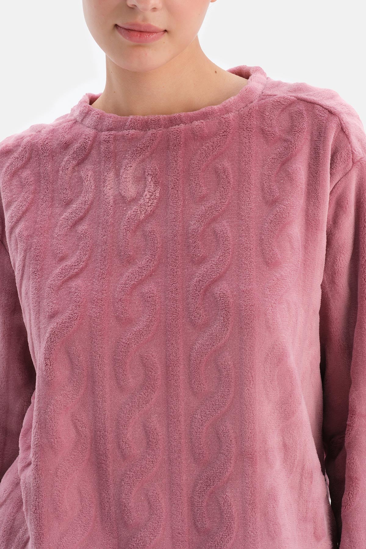 Gül Kurusu Örgü Detaylı Uzun Kollu Pijama Takımı