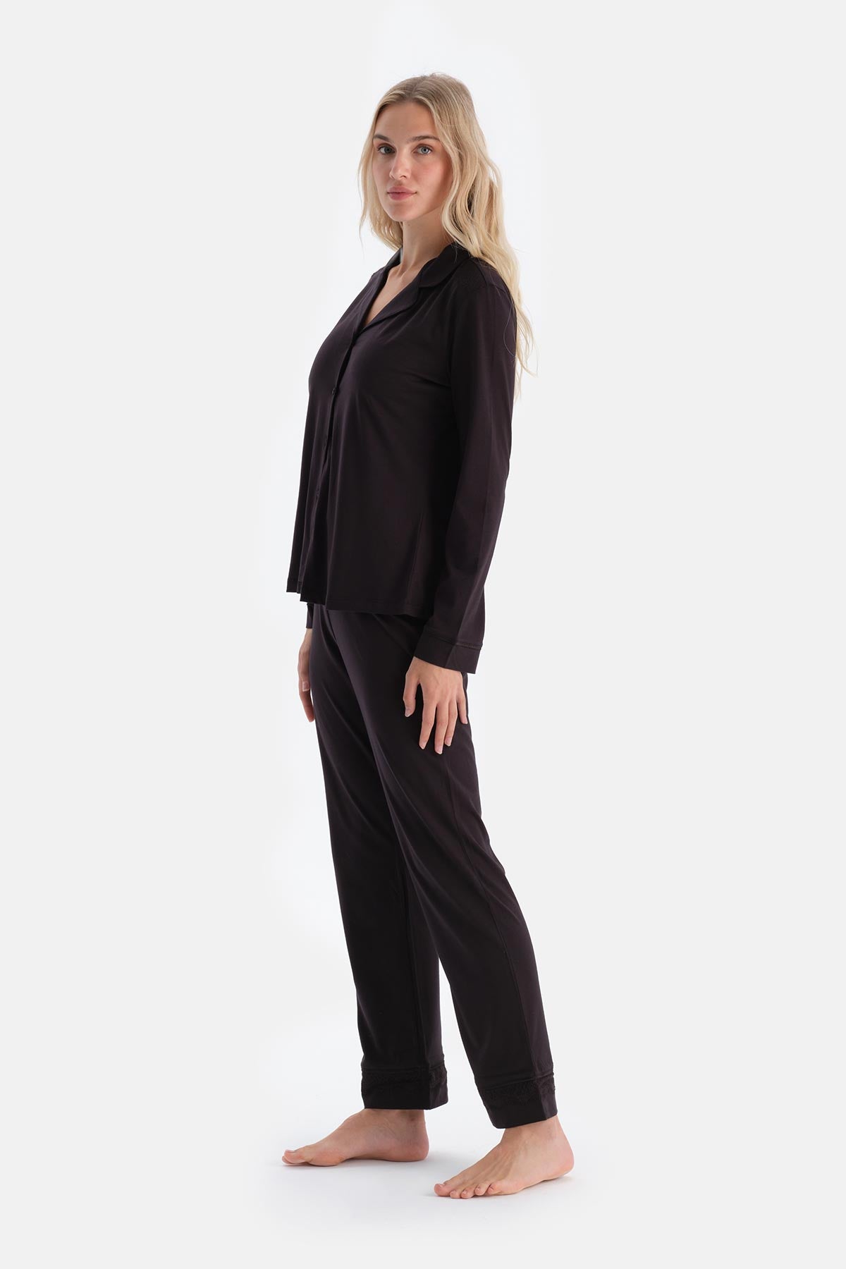 Dark Brown LACE DETAILED SHIRT AND TROUSERS PAJAMA SET