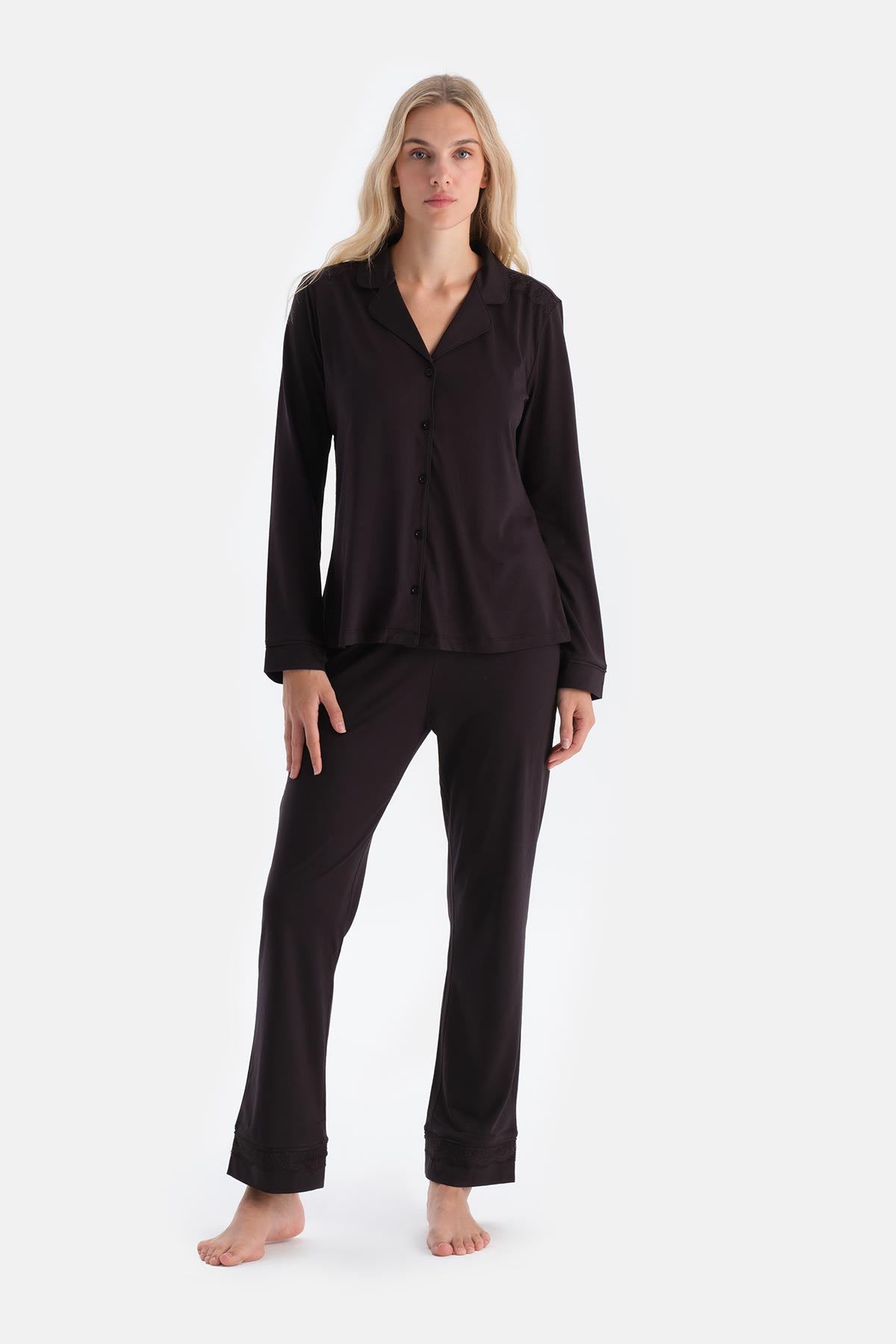 Dark Brown LACE DETAILED SHIRT AND TROUSERS PAJAMA SET