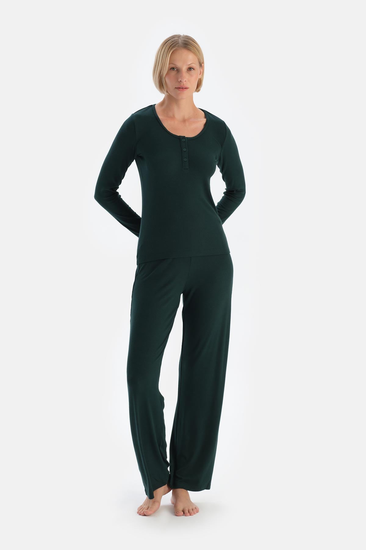 Dark Green LONG SLEEVE VISCOSE CAMSOSET T-SHIRT TROUSERS PAJAMA SET