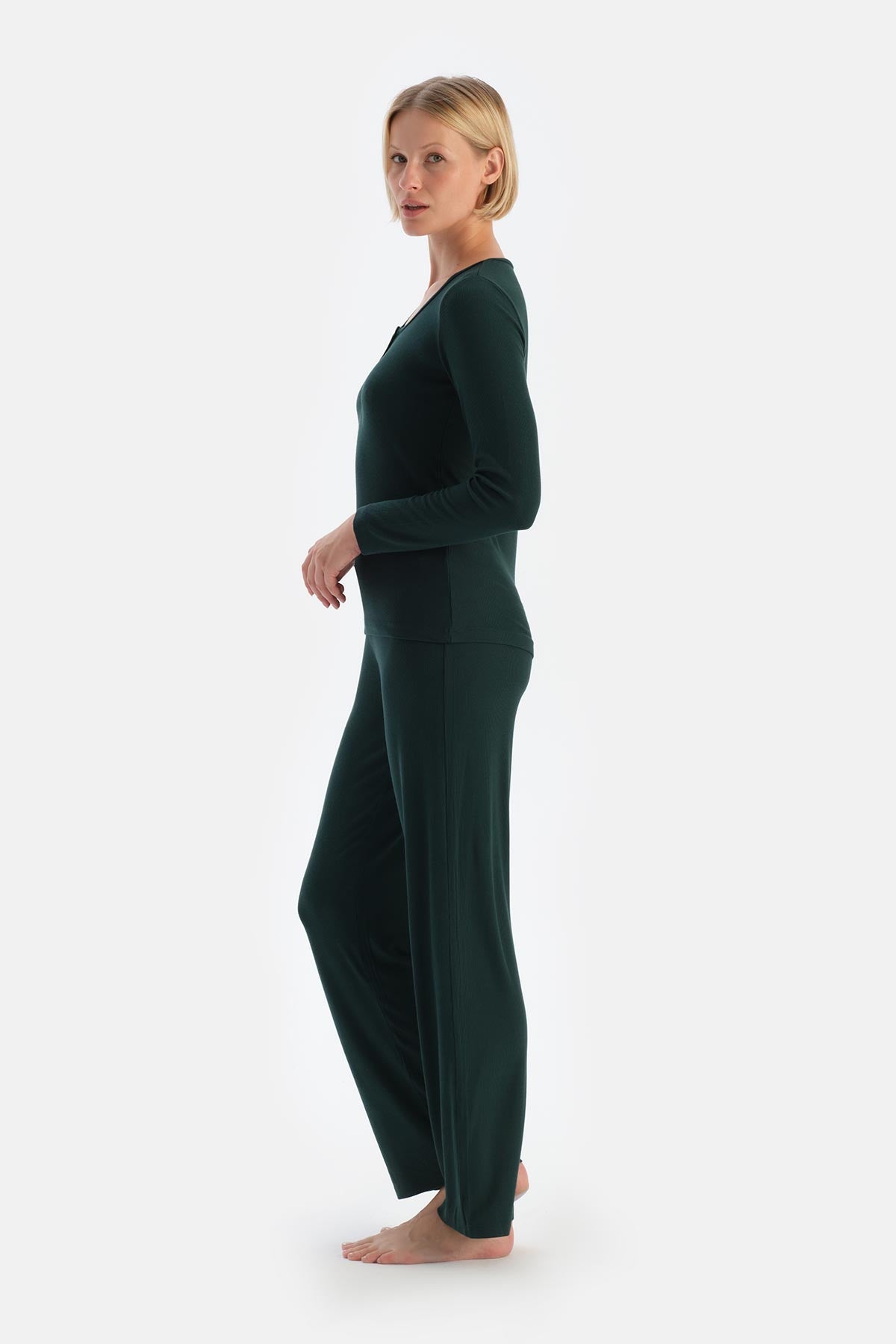 Dark Green LONG SLEEVE VISCOSE CAMSOSET T-SHIRT TROUSERS PAJAMA SET