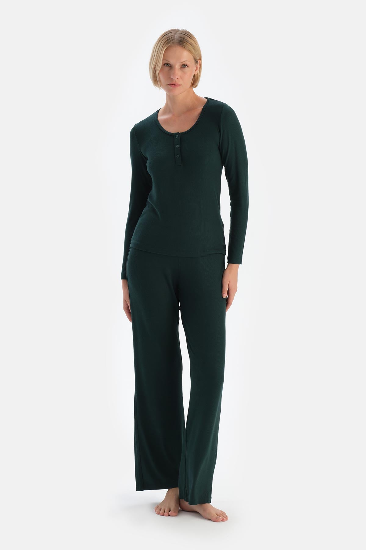 Dark Green LONG SLEEVE VISCOSE CAMSOSET T-SHIRT TROUSERS PAJAMA SET