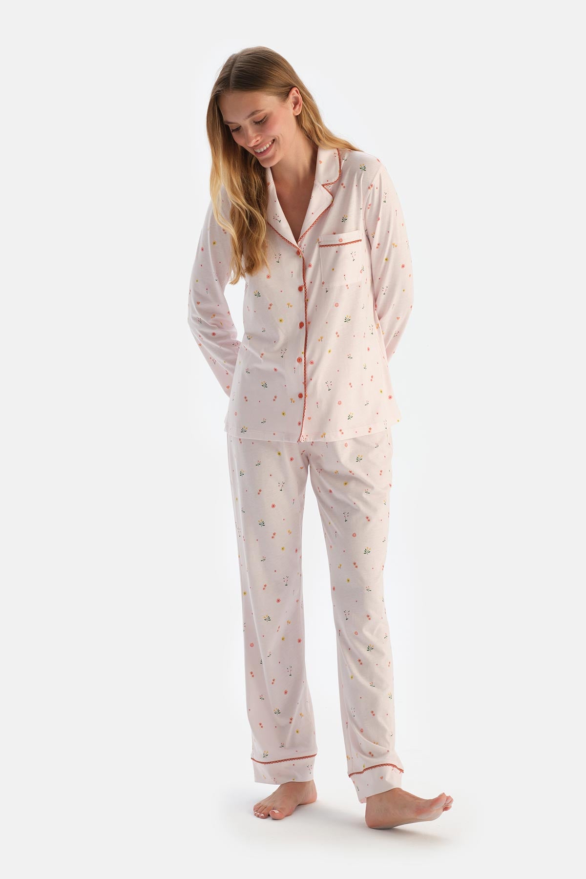 Ecru MICROPRINT SHIRT AND TROUSERS PAJAMA SET