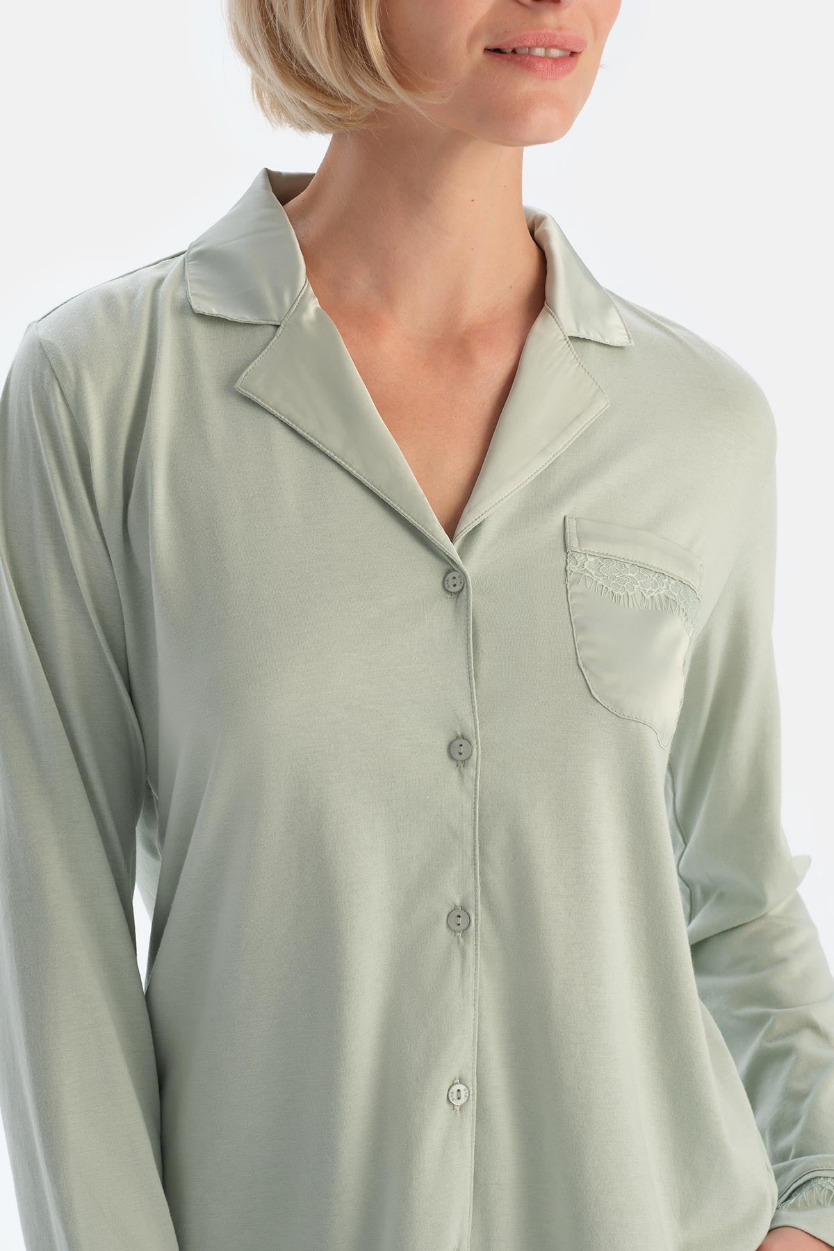 Mint Green SATIN GARNISHED SHIRT AND TROUSERS PAJAMA SET