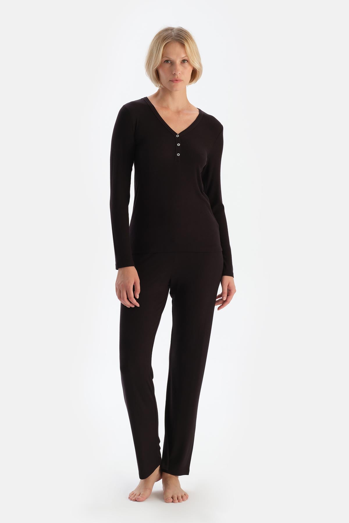 Koyu Kahve Uzun Kollu Kaşkorse Pijama Takımı