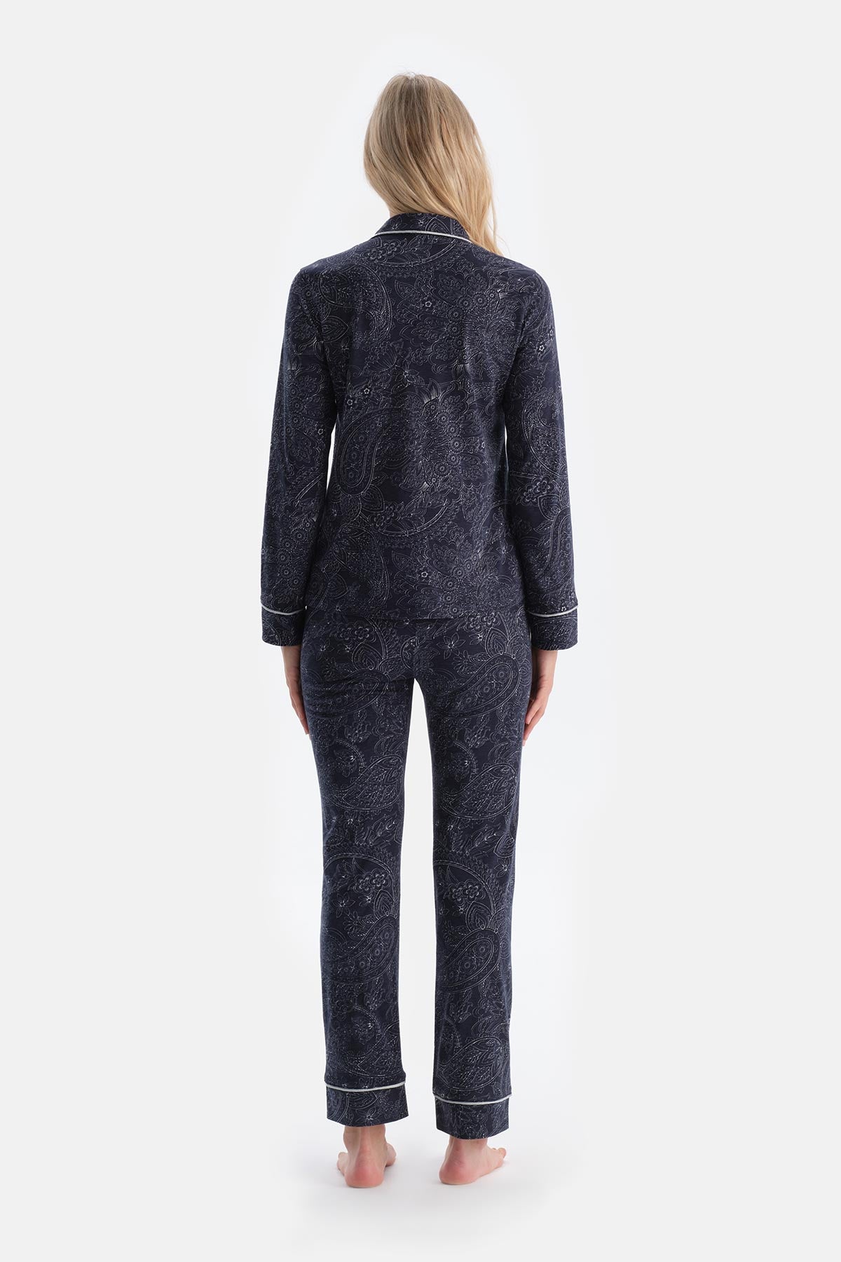 Navy PATTERNED COMBED MODAL SHIRT TROUSERS PAJAMA SET