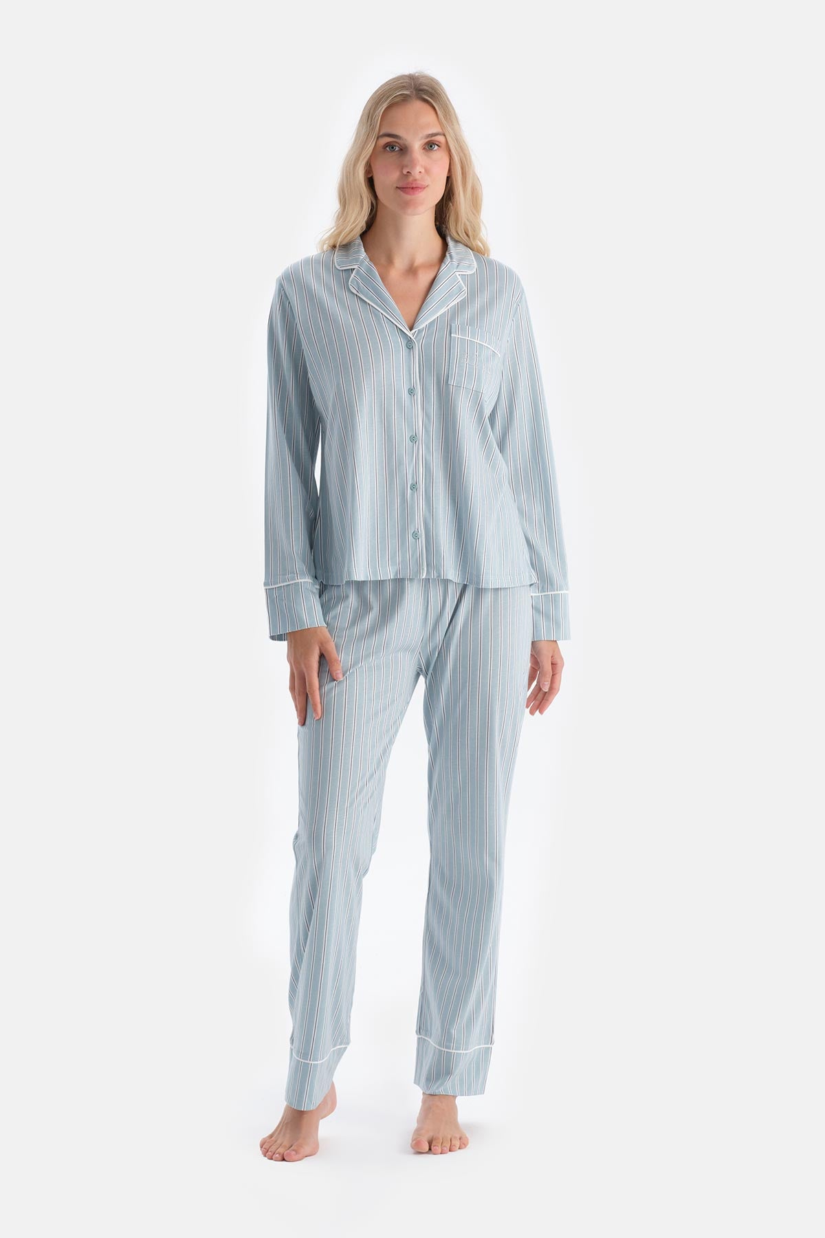 Light Blue STRIPED COMBED MODAL SHIRT PAJAMA SET