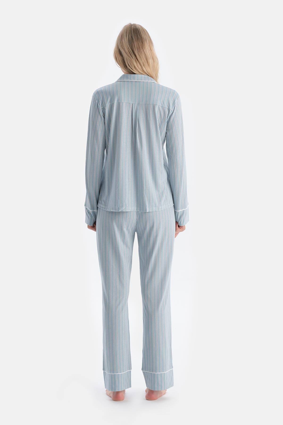 Light Blue STRIPED COMBED MODAL SHIRT PAJAMA SET