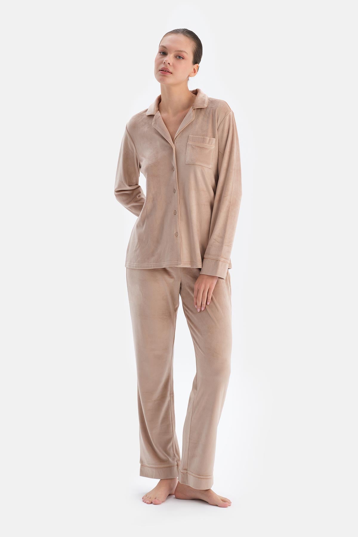 Light Brown VELVET SHIRT TROUSERS PAJAMA SET