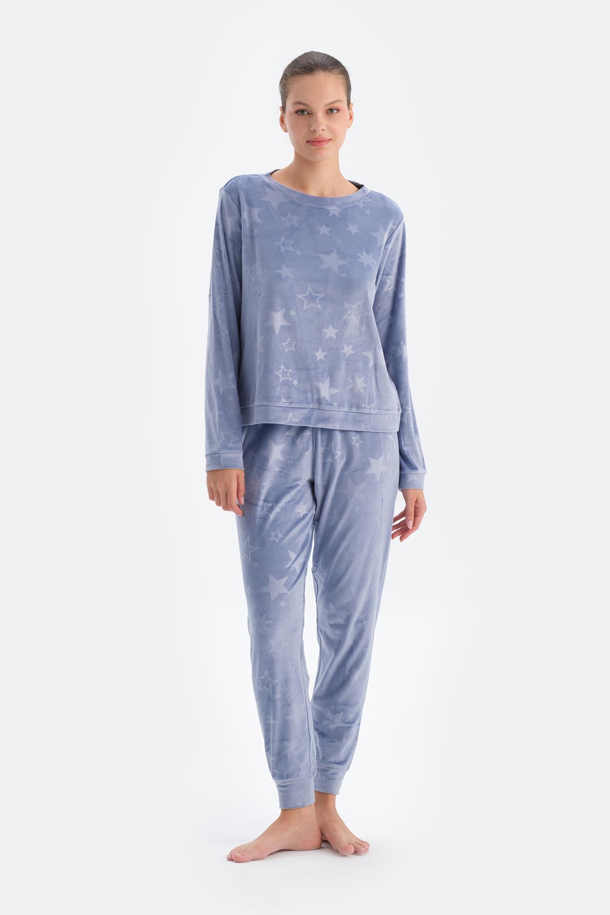 Blue EMBOSS STAR PRINTED T-SHIRT TROUSERS PAJAMA SET