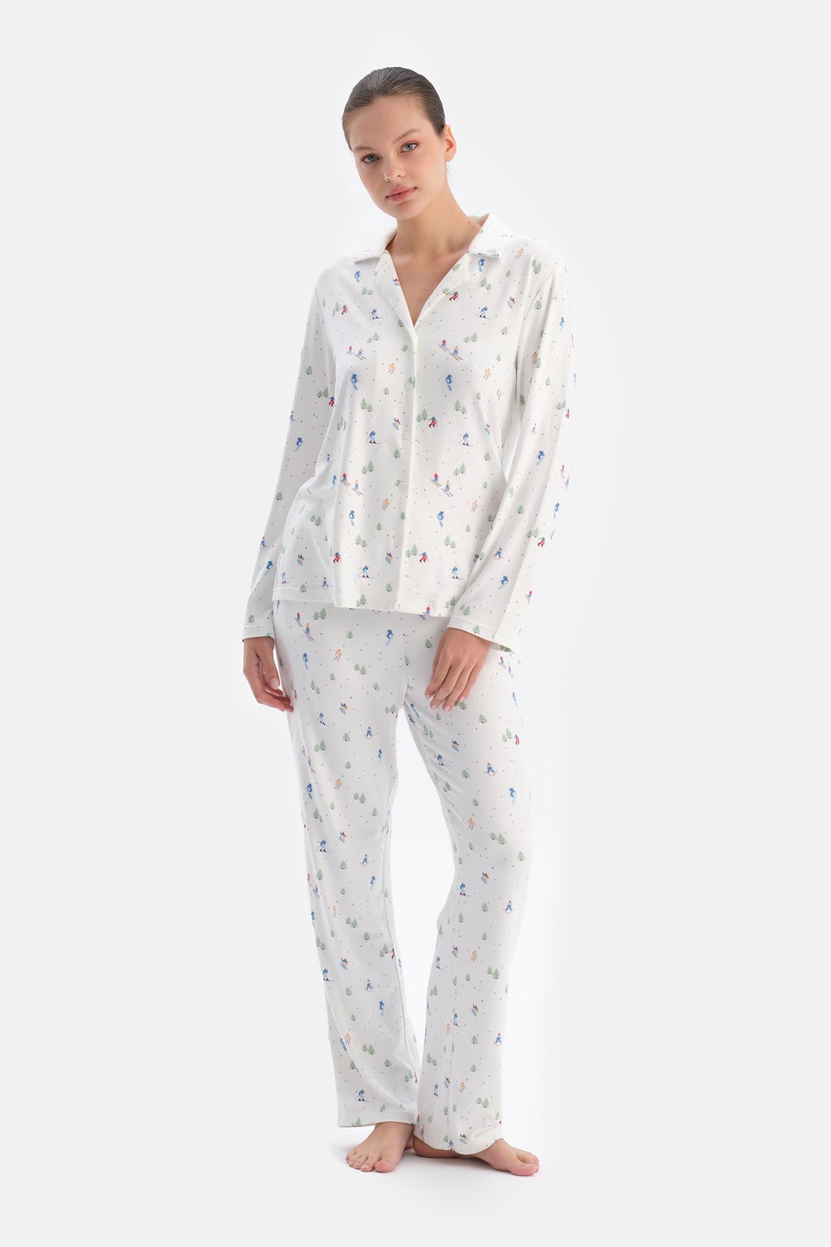 Ekru Metraj Baskılı Termal Gömlek Pantolon Pijama Takımı