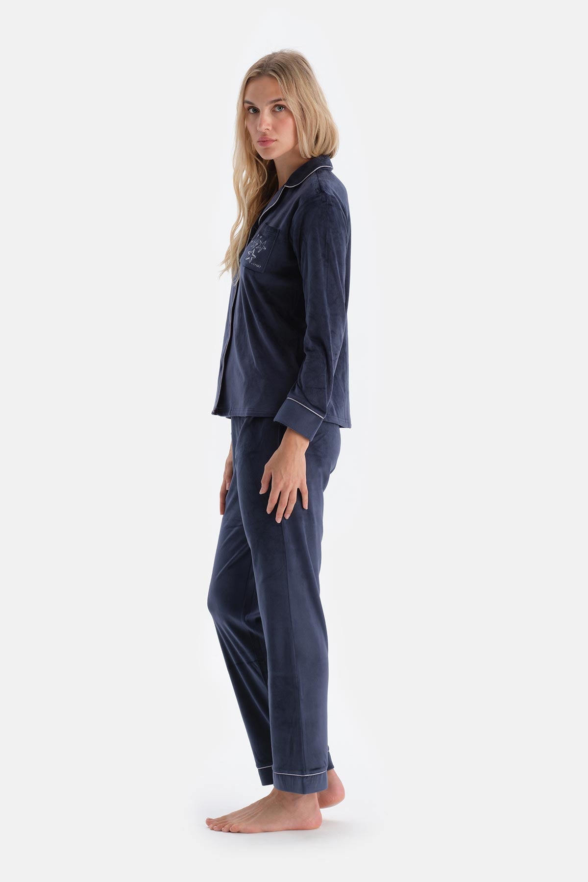 Navy EMBROIDERY DETAILED VELVET SHIRT TROUSERS PAJAMA SET