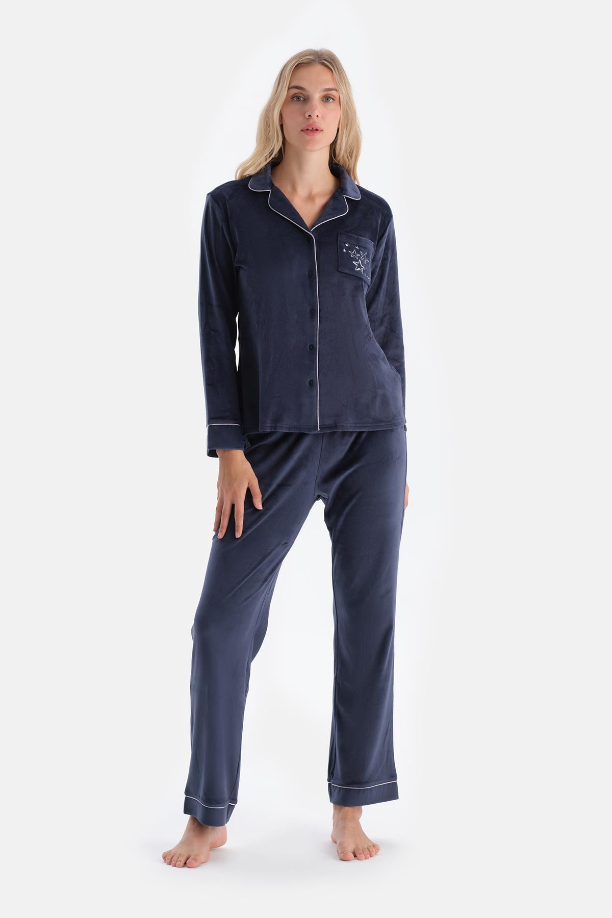 Navy EMBROIDERY DETAILED VELVET SHIRT TROUSERS PAJAMA SET